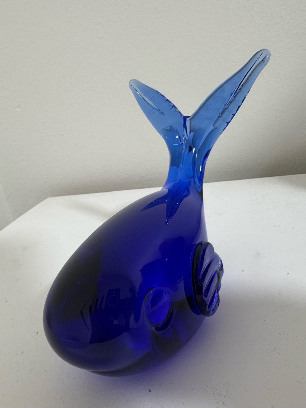 Cobalt Blue Hand-Blown Glass Whale Figurine — 4” Paperweight / Decorative Art
